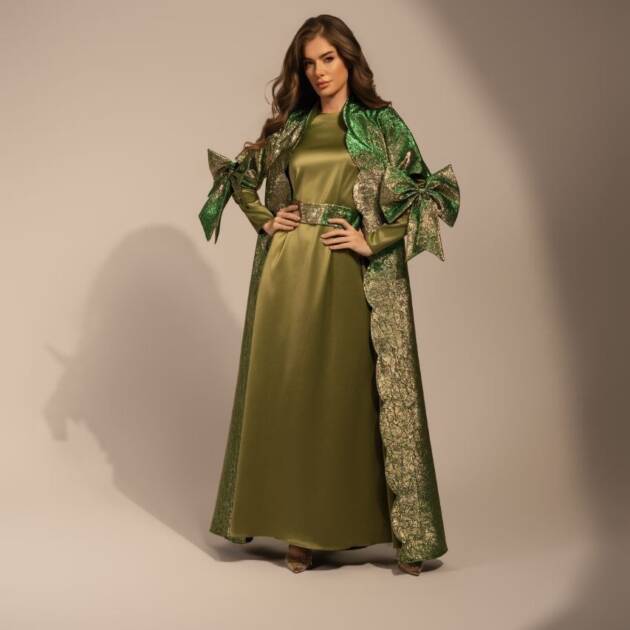 Emerald Sculpture Maxi Silk-Satin Dress with Brocade Sculptural Abaya