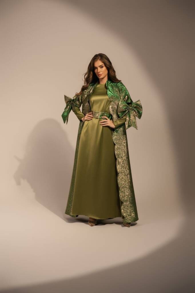 Emerald Sculpture Maxi Silk-Satin Dress with Brocade Sculptural Abaya