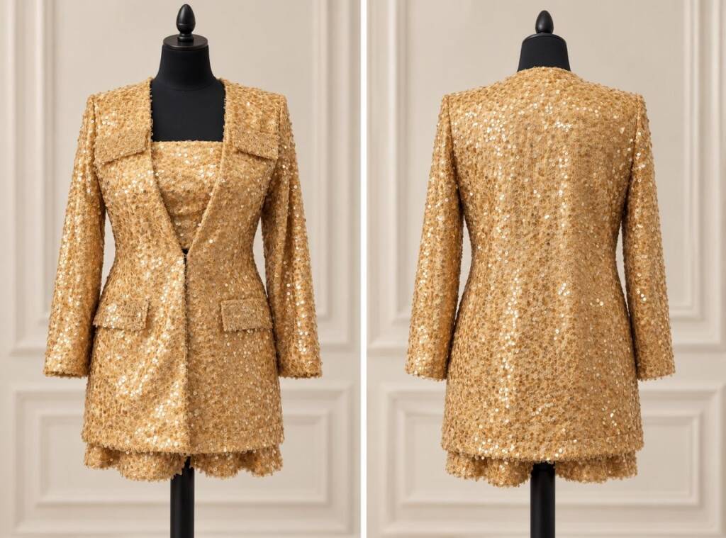 Sequin Triptych: Top, Shorts, and Long Jacket
