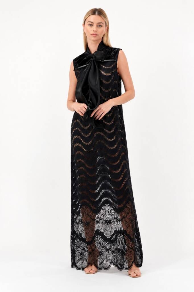 Black Lace Gown with Organza Bow