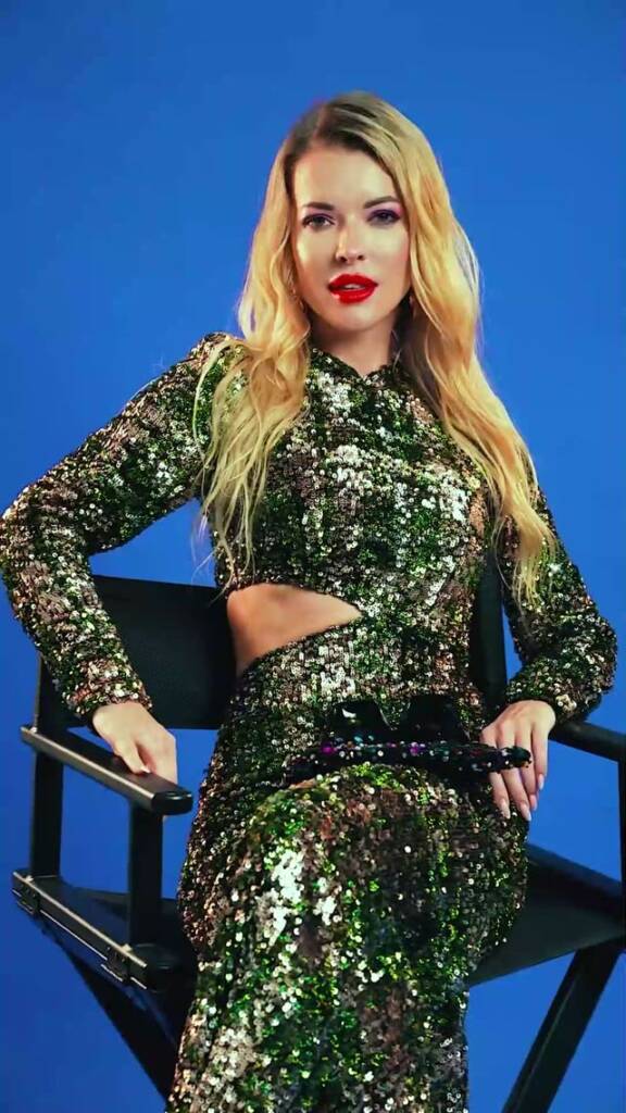 Candy Girl green sequin gown with cut-out waist