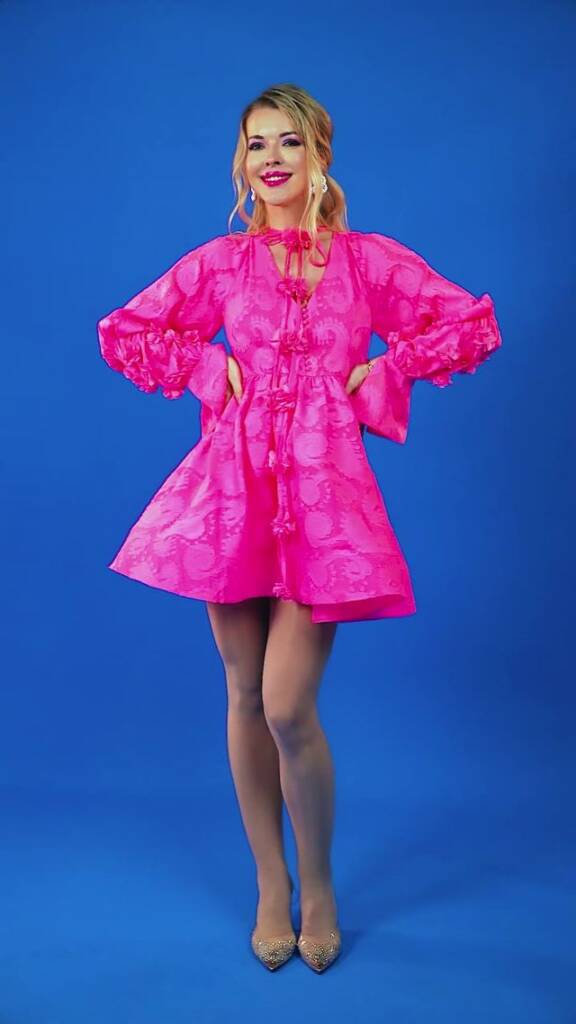 Candy Girl hot pink jacquard dress with puff sleeves