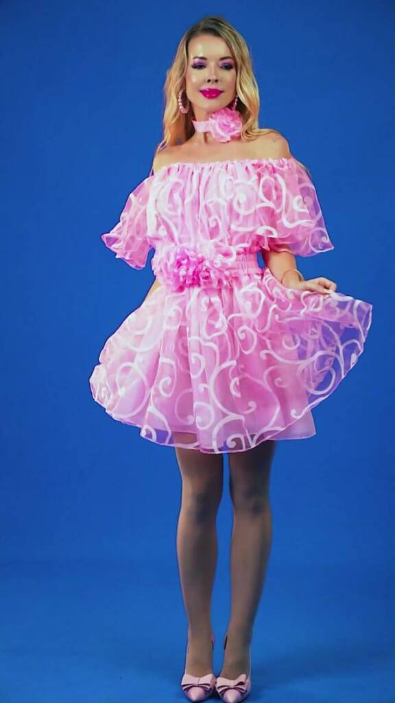 Candy Girl pink off-shoulder dress with swirl organza