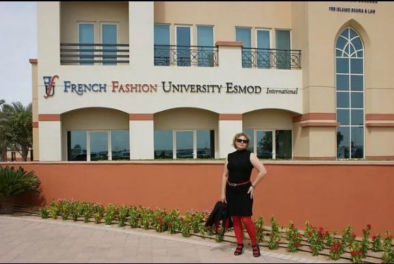 Lyubov Borovskih in front of the French Fashion University Esmod International building in Dubai, 2012