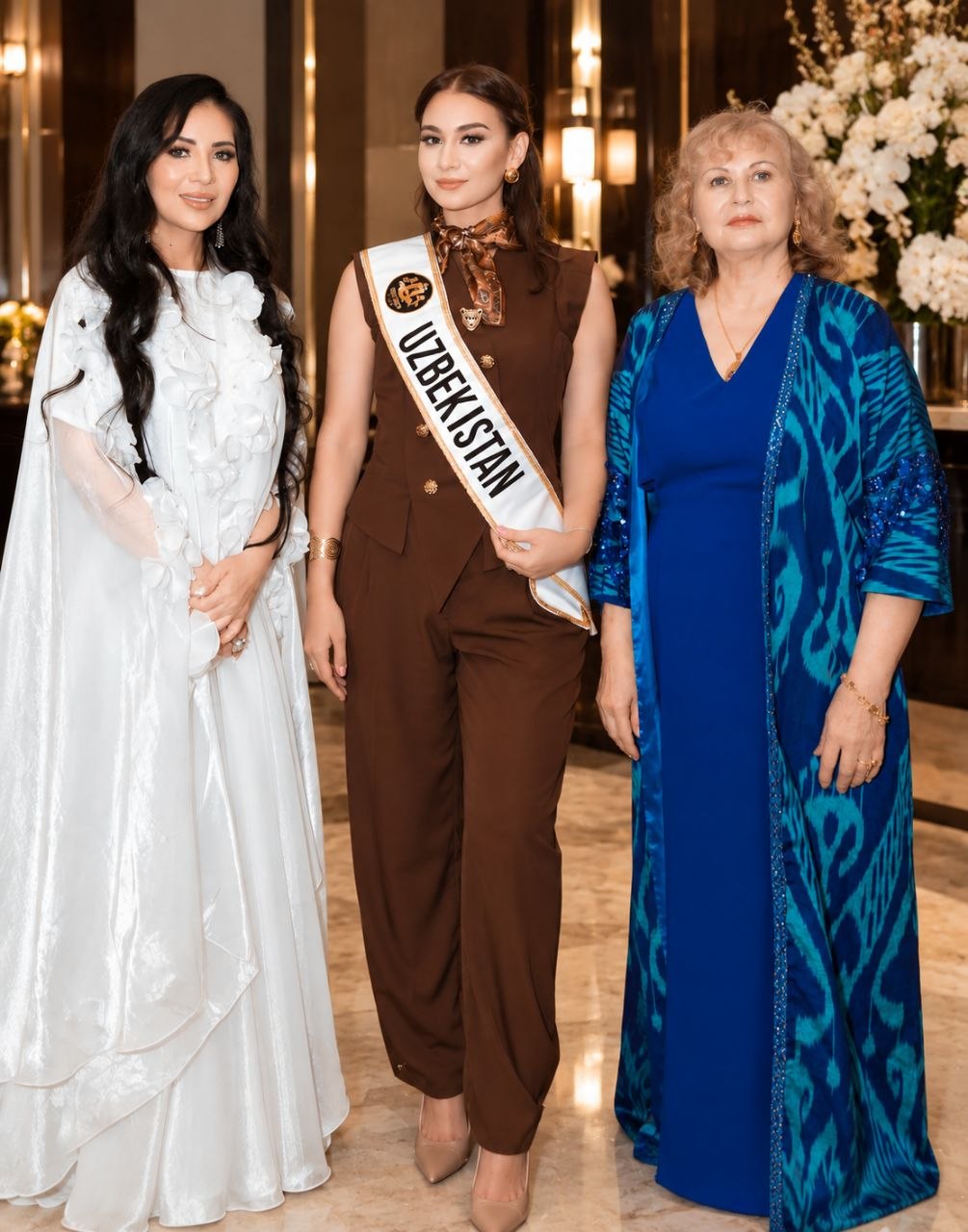 Samira Shadmanova, Miss Polo Universe delegate from Uzbekistan, with competition organiser Zainab and Lyubov Borovskih of Atelier Borovskih