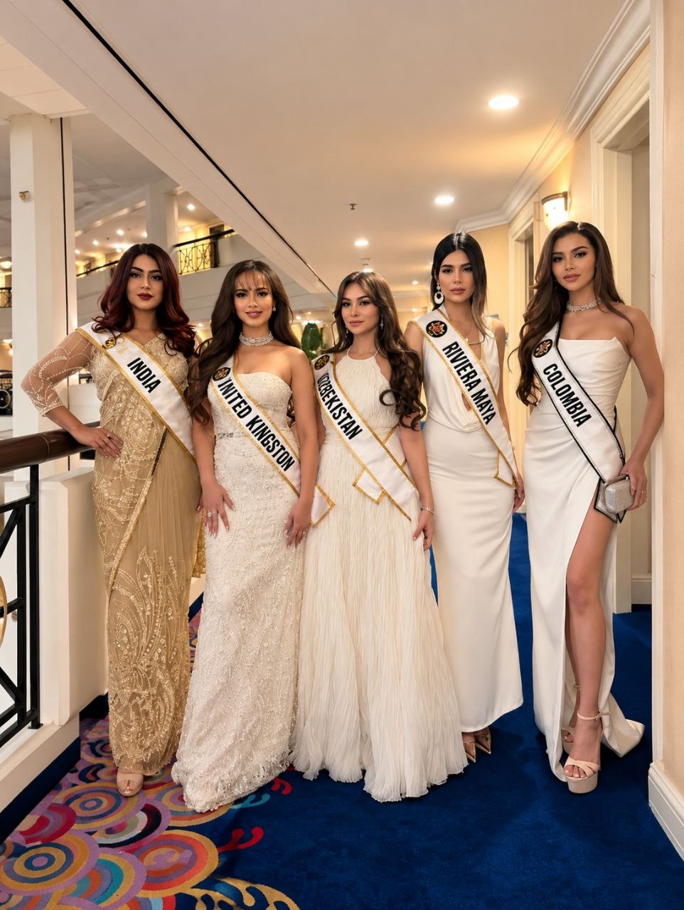 Five Miss Polo Universe delegates in cream, white and gold evening gowns with title sashes in a hotel hall; the Uzbekistan delegate wears a gown made at Atelier Borovskih