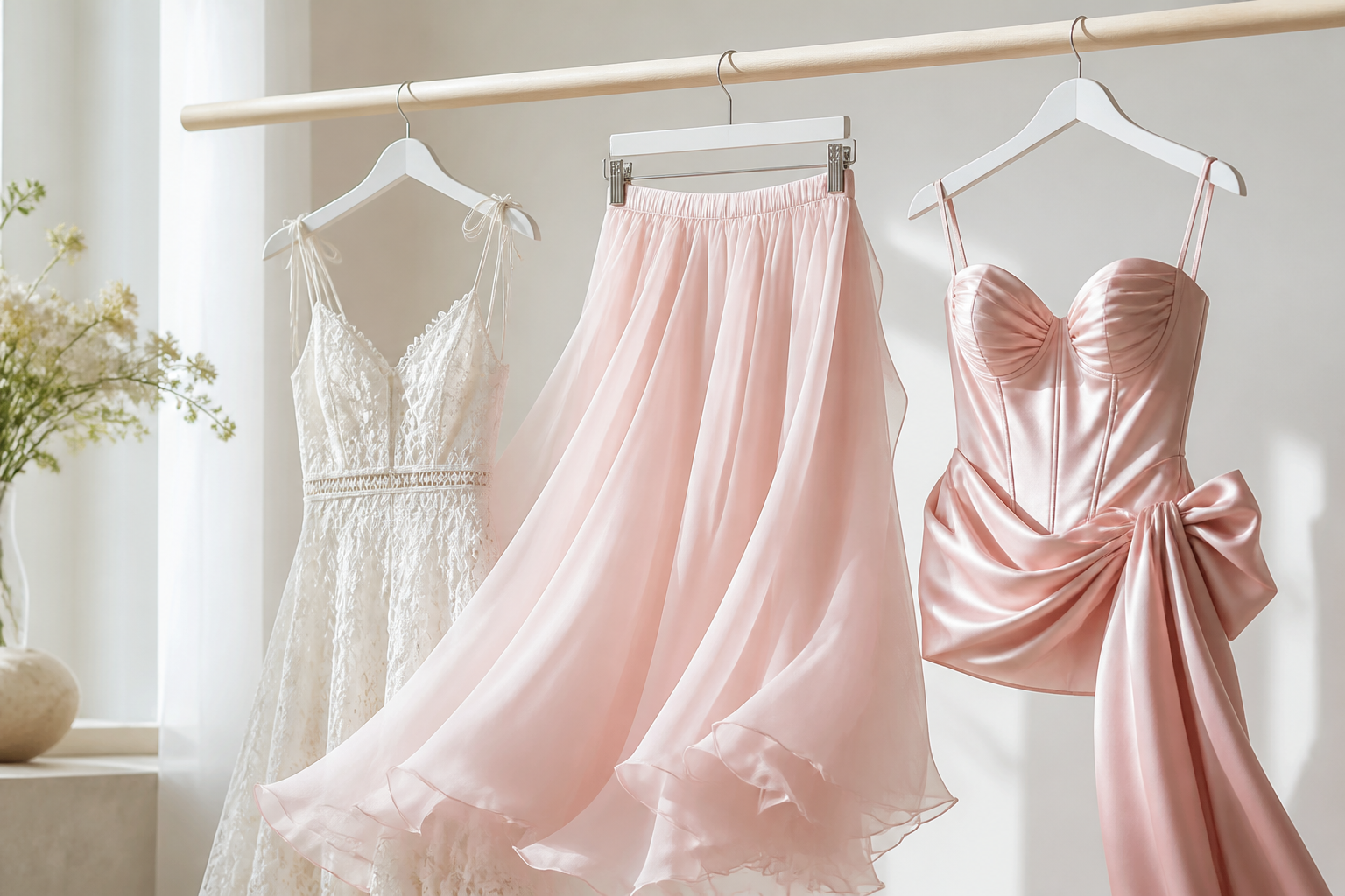 White lace dress, light pink chiffon skirt and pink satin draped corset top on a rail: a light summer outfit (illustration)