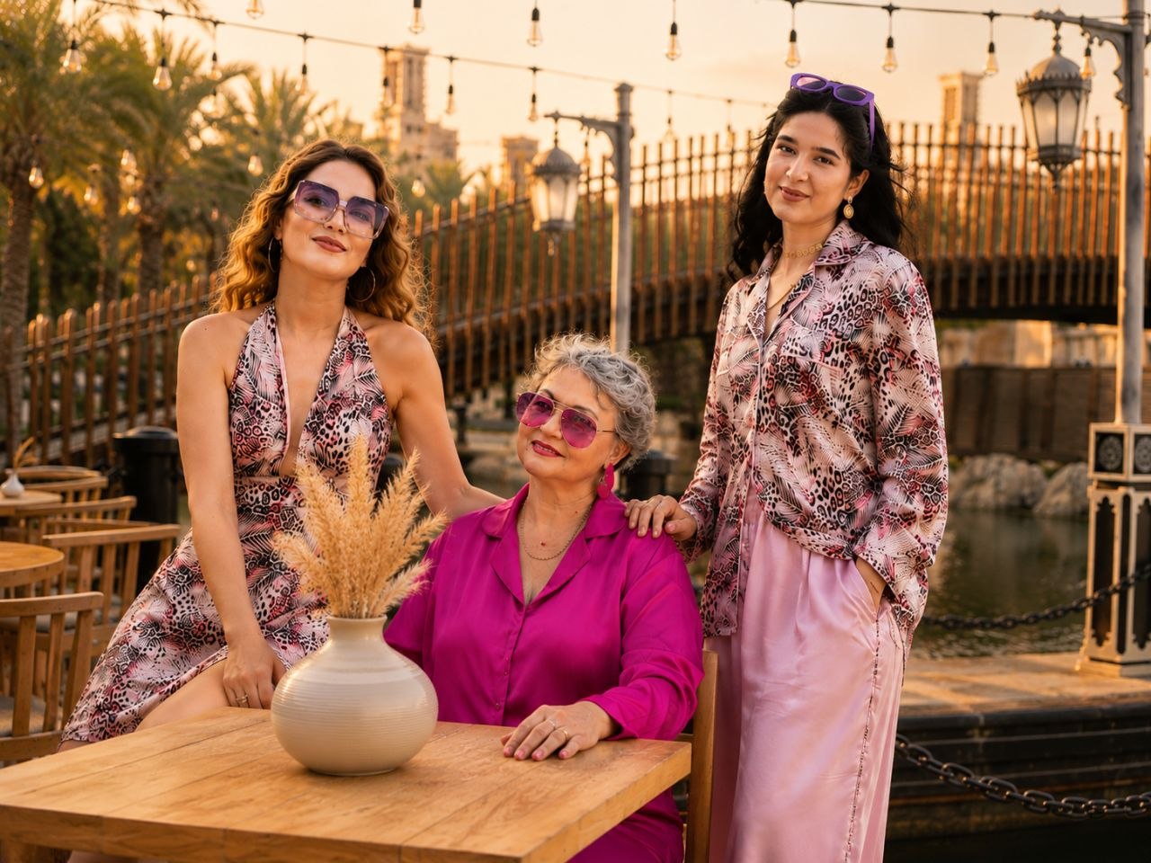 Three women in silk outfits with a pink leopard print and bright fuchsia, sewn at Atelier Borovskih, at sunset