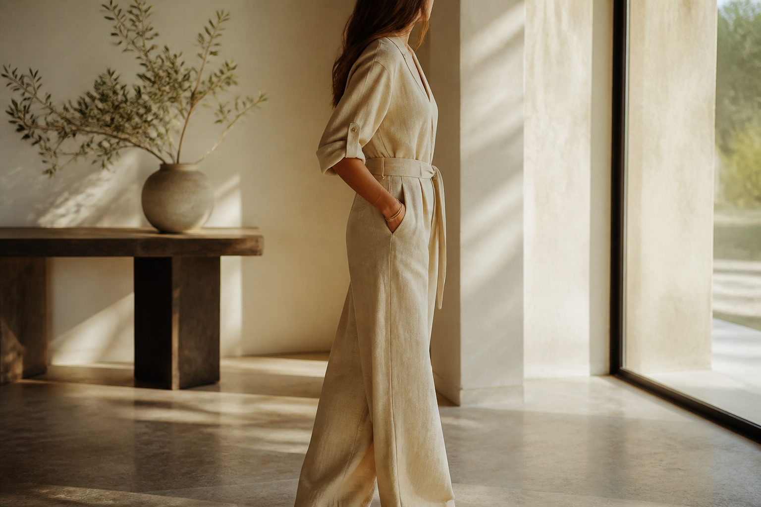 Woman in a tailored jumpsuit, a day-to-evening summer look (illustration)