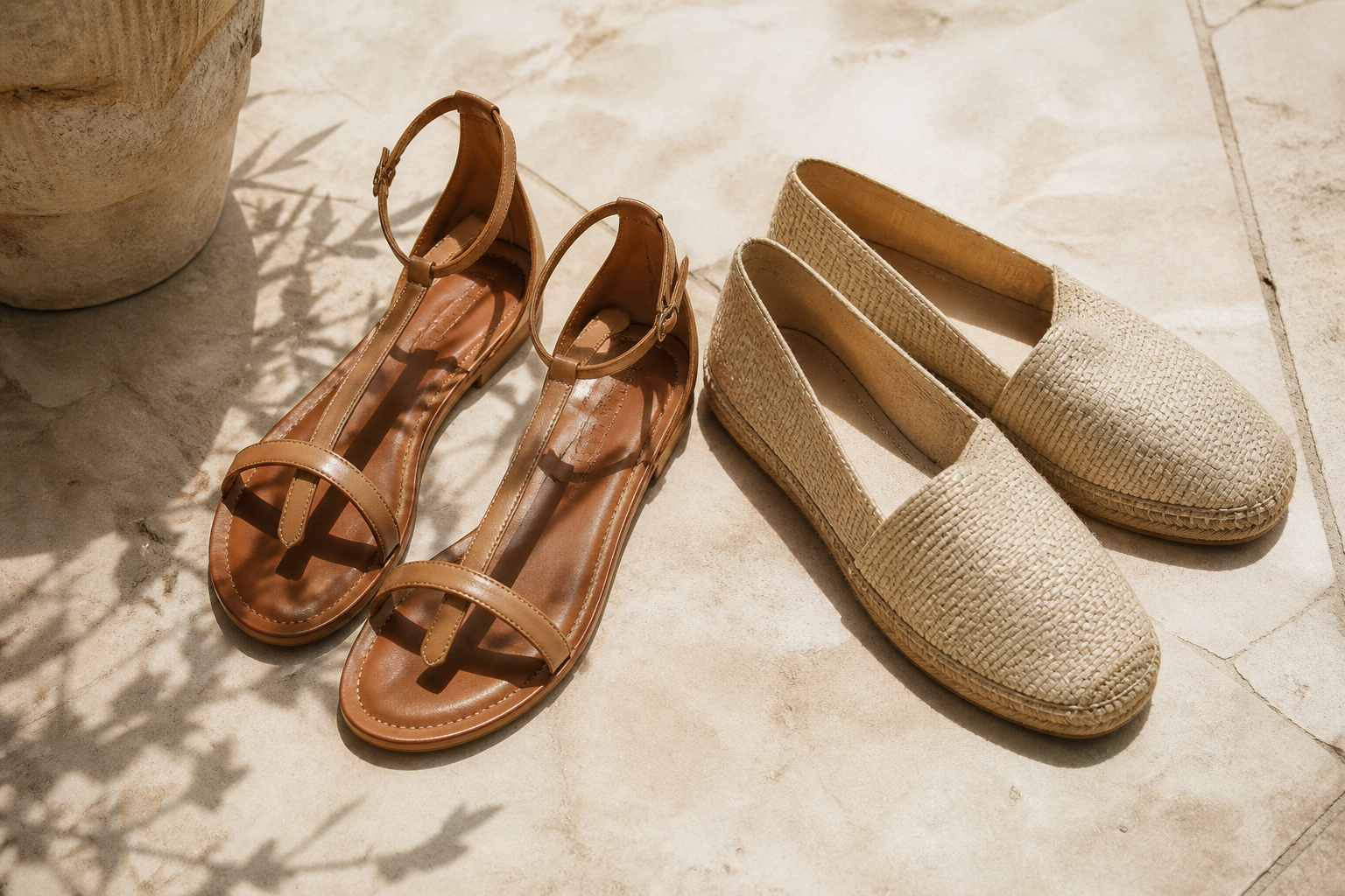 Leather summer sandals and woven espadrilles on a sunlit stone floor (illustration)