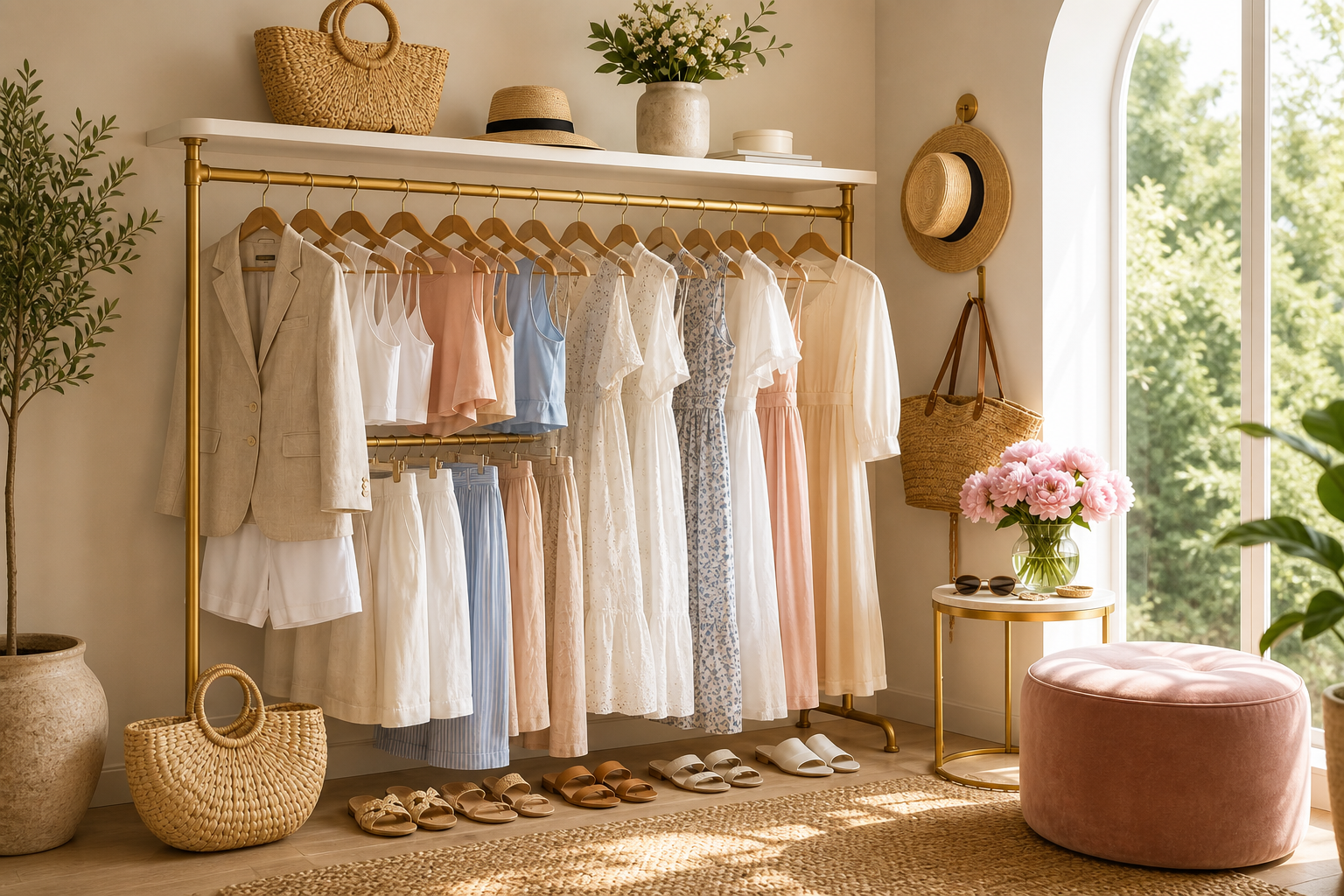 Bright dressing room with a gold clothing rail of light summer outfits, straw hats and bags, sandals and pink peonies: a mix-and-match summer wardrobe (illustration)