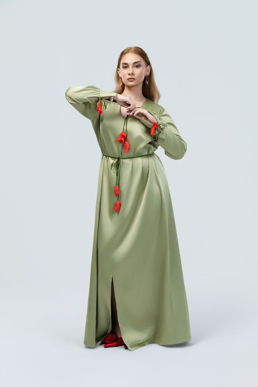 Long olive dress with tulips at the neckline, cuffs and belt, Atelier Borovskih
