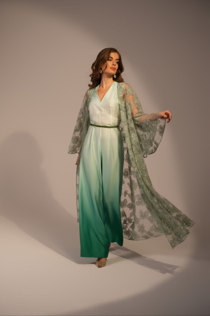 Mint-to-emerald silk jumpsuit under a mesh cape with beaded flowers, Atelier Borovskih